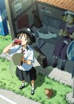  2girls black_hair black_hat black_skirt blonde_hair broom can cat coca-cola cola dress drinking grass hat highres holding holding_can holding_map inuno_rakugaki map maribel_hearn mob_cap multiple_girls outdoors purple_dress shadow shirt short_hair sitting skirt summer sweat touhou trash_can usami_renko white_shirt 