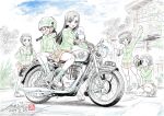 5girls black_eyes black_hair blue_sky blush braid camera chi-hatan_military_uniform cloud cloudy_sky day fukuda_haru girls_und_panzer glasses green_jacket helmet highres hosomi_shizuko house jacket kubota_shinji long_hair looking_at_another motor_vehicle motorcycle multiple_girls nishi_kinuyo open_mouth outdoors red_skirt shoes short_hair single_braid sitting skirt sky socks squatting standing tamada_tamaki teramoto_tomiko tree 