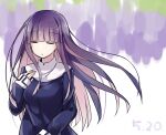  1girl asagami_fujino bangs breasts closed_eyes dress eyebrows_hidden_by_hair fate/grand_order fate_(series) hands_on_own_breasts kara_no_kyoukai long_hair ohitashi_netsurou open_mouth purple_hair school_uniform simple_background solo uniform upper_body 