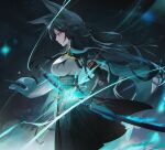  1girl absurdres animal_ear_fluff animal_ears black_background black_hair black_skirt breasts cape chowol commentary electricity eye_trail fighting_stance fire floating_hair fox_ears fox_girl from_side green_cape hand_on_hilt highres holding holding_sword holding_weapon hoshimi_miyabi katana large_breasts light_trail long_hair looking_ahead mechanical_arms parted_lips pleated_skirt ready_to_draw red_eyes sheath shirt shirt_tucked_in single_mechanical_arm skirt solo standing sword unsheathing very_long_hair weapon white_shirt zenless_zone_zero 