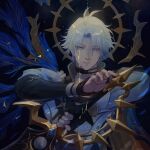  1boy antenna_hair armor artist_name black_choker black_gloves black_shirt blood blood_from_eyes blue_cape blue_eyes cape choker coat commentary english_commentary fingerless_gloves gloves highres holding holding_sword holding_weapon honkai:_star_rail honkai_(series) looking_at_viewer male_focus neck_tattoo parted_bangs pauldrons phainon_(honkai:_star_rail) shirt short_hair shoulder_armor single_glove single_pauldron solo sun_symbol sun_tattoo sword tattoo upper_body vetur02 weapon white_coat white_hair yellow_blood 