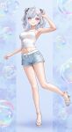  1girl absurdres ahoge aqua_eyes arm_up armpits bare_legs bare_shoulders blue_background blue_nails blush breasts bubble camisole dolphin_shorts double_bun feet full_body grey_hair hair_bun hair_ornament hairclip highres indie_virtual_youtuber legs looking_at_viewer medium_breasts medium_hair midriff nail_polish navel sandals shirt short_shorts shorts sleeveless sleeveless_shirt smile solo strappy_heels thighs toenail_polish toenails toes tsukimiya_yumeka_(vtuber) two_side_up wajuniorbox white_sandals white_shirt 
