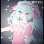  1girl :d black_background blood blood_on_arm blue_eyes blue_hair commentary_request hatsune_miku highres ima_sugu_rinne_(vocaloid) long_hair looking_at_viewer open_mouth pillarboxed puffy_short_sleeves puffy_sleeves short_sleeves simple_background smile star-shaped_pupils star_(symbol) symbol-shaped_pupils taiyaki12 twintails upper_body vocaloid 