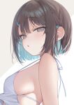  1girl absurdres aqua_hair breasts brown_eyes brown_hair colored_inner_hair commentary_request double-parted_bangs from_side grey_background hair_ornament hairclip highres looking_at_viewer looking_to_the_side medium_breasts multicolored_hair original parted_lips shin_no_tenpii shirt sideboob sleeveless sleeveless_shirt solo sweatdrop two-tone_background upper_body white_background white_shirt 