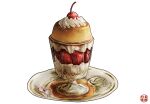  art_neverath artist_logo cherry english_commentary food food_focus fruit highres logo no_humans original procreate_(medium) pudding saucer simple_background strawberry whipped_cream white_background 