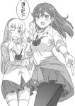  ... 2girls arm_across_waist arm_up bangs blunt_bangs blush bracelet breasts cleavage closed_mouth clothes_around_waist collarbone commentary embarrassed fingernails from_below greyscale gyaru hair_between_eyes hairband half-closed_eyes hand_on_own_cheek hand_on_own_face heanna_sumire heart jacket jacket_around_waist jewelry lipstick long_fingernails long_hair looking_at_viewer looking_down loose_clothes loose_neck_ribbon love_live! love_live!_superstar!! makeup marugoshi_teppei medium_breasts medium_hair monochrome multiple_girls necklace one_eye_closed open_collar open_hand open_mouth outside_border pantyhose school_uniform scrunchie shibuya_kanon shouting sleeves_rolled_up smile speech_bubble sweatdrop thighhighs translation_request v white_background yuigaoka_school_uniform zettai_ryouiki 