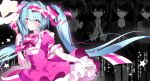  1girl absurdres blue_hair bow bowtie dress gloves hair_bow hairband hatsune_miku highres holding holding_staff ima_sugu_rinne_(vocaloid) long_hair mage_staff magical_girl multiple_views own_hands_clasped own_hands_together pink_bow pink_bowtie pink_dress pink_eyes pink_hairband ran_(v17071107) staff star-shaped_pupils star_(symbol) symbol-shaped_pupils very_long_hair vocaloid white_bow white_gloves 