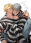  2boys ahoge bakshi_christensen black_pants black_shirt blonde_hair blue_pants cigarette closed_mouth collarbone couple denim earrings eye_contact fingernails giancarlo_bourbon_del_monte grey_eyes grey_hair hair_between_eyes hair_over_one_eye highres holding holding_cigarette hug hug_from_behind jeans jewelry knee_up long_sleeves looking_at_another lucky_dog_1 male_focus miyamoyan multiple_boys neck_tattoo necklace off_shoulder open_mouth pants prison_clothes ring ring_necklace sharp_fingernails shirt short_hair simple_background single_bare_shoulder sitting sitting_on_lap sitting_on_person smile smirk smoke smoking striped_clothes striped_pants striped_shirt tattoo two-tone_pants two-tone_shirt white_background white_pants white_shirt yaoi yellow_eyes 