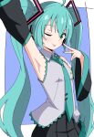 1girl ;p absurdres ahoge aikawa_ryou arm_up armpits bare_shoulders black_skirt black_sleeves blue_background blush border closed_mouth collared_shirt commentary_request green_eyes green_hair green_necktie grey_shirt hair_between_eyes hand_up hatsune_miku headphones highres long_hair long_sleeves looking_at_viewer necktie one_eye_closed pleated_skirt shirt skirt sleeveless sleeveless_shirt smile solo tie_clip tongue tongue_out twintails very_long_hair vocaloid white_border wide_sleeves 