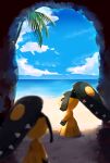  2girls beach blue_sky blurry blurry_foreground cave cloud ekm extra_mouth from_behind mawile multiple_girls ocean outdoors palm_tree pokemon pokemon_(creature) red_eyes sky tree 