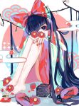  1girl absurdres barefoot black_hair bow box candy cherry_blossoms cloud covered_mouth cup fingernails flower flower-shaped_pupils food geta hakurei_reimu highres hime_cut knees_up long_hair looking_at_viewer maki-e mashi_(pixiv_zcjd2538) red_flower red_nails reimu_day sakazuki skirt skirt_set solo symbol-shaped_pupils touhou very_long_hair wide_sleeves 