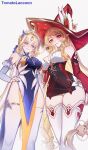  2girls alice_(genshin_impact) bare_shoulders beret blonde_hair blue_eyes blush braid breasts closed_mouth detached_sleeves dress earrings facial_mark forehead_mark frills genshin_impact hair_ribbon hand_on_own_hip hat highres jewelry large_breasts long_hair long_sleeves looking_at_viewer multicolored_dress multicolored_hair multiple_girls nicole_reeyn parted_bangs pointy_ears red_eyes red_hat ribbon simple_background sleeveless sleeveless_dress smile solo thighhighs tomatolaccoon twin_braids two-tone_hair very_long_hair white_background white_hair white_hat white_thighhighs witch witch_hat 