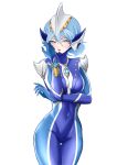  1girl absurdres arm_guards arm_under_breasts blue_bodysuit blue_gloves blue_hair blush bodysuit breasts chinese_commentary color_timer commentary contrapposto covered_navel cowboy_shot dorsal_fin floating_hair genderswap genderswap_(mtf) gloves hair_between_eyes hand_on_own_cheek hand_on_own_face headgear highres humanization knight_brace legs_together lipstick looking_at_viewer makeup medium_breasts multicolored_bodysuit parted_lips pointy_ears short_hair shoulder_pads silver_bodysuit simple_background skin_tight solo studs tokusatsu two-tone_bodysuit ultra_series ultraman_hikari ultraman_mebius_(series) white_background wide_hips yellow_eyes yi_(user_jwth4284) 