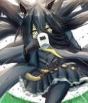  1girl ahoge animal_ears animal_print black_coat black_hair black_pantyhose black_shirt black_skirt cat_print coat crossed_bangs cup earrings fishnet_pantyhose fishnets floating_hair frilled_skirt frills hair_between_eyes highres holding holding_cup horse_ears horse_girl jewelry long_bangs long_hair long_hair_between_eyes looking_at_viewer magnoliko manhattan_cafe_(umamusume) motion_blur motion_lines mug multicolored_hair open_clothes open_coat pantyhose pleated_skirt shirt single_earring skirt solo umamusume very_long_hair white_hair yellow_eyes yellow_nails 