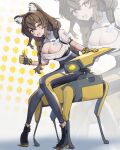  1girl absurdres animal_ear_fluff animal_ears black_boots black_gloves black_pants boots braid breasts brown_hair cleavage cleavage_cutout clothes_writing clothing_cutout commentary full_body girls&#039;_frontline girls&#039;_frontline_neural_cloud gloves grey_eyes hair_between_eyes hair_ornament highres id_card lace-up_boots large_breasts long_hair looking_at_viewer lotan non-humanoid_robot open_mouth pants robot simple_background sitting_on_robot smile thumbs_up turing_(neural_cloud) two-tone_gloves white_background yellow_gloves zoom_layer 