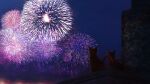  absurdres aerial_fireworks animal cat chinese_commentary commentary_request fireworks highres night night_sky no_humans original outdoors scenery sky zaq_(pgvc4472) 