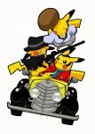  arsene_lupin_iii arsene_lupin_iii_(cosplay) black_coat clothed_pokemon coat cosplay crossover driving fedora fiat_500 gun hakama haori hat holding holding_gun holding_weapon ishikawa_goemon_xiii ishikawa_goemon_xiii_(cosplay) jacket japanese_clothes jigen_daisuke jigen_daisuke_(cosplay) left-hand_drive looking_to_the_side lupin_iii necktie no_humans pikachu pokachuu pokemon pokemon_(creature) red_jacket sideburns weapon yellow_necktie 