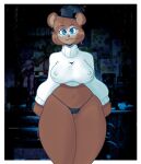 absurd_res anthro bear big_breasts black_clothing black_nose black_thong black_top_hat black_underwear border breasts brown_body brown_fur brown_hair camel_toe clothing crossgender eyelashes female five_nights_at_freddy&#039;s freddy_(fnaf) front_view fur glowing glowing_eyes hair hi_res looking_at_viewer mammal navel nipple_outline scottgames short_hair smile solo sweater thick_thighs thigh_gap thong topwear underwear white_border white_clothing white_sweater white_topwear wide_hips zhenai