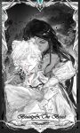  1boy 1girl absurdres alien_stage alternate_costume blade_to_throat blue_eyes chinese_commentary circlet commentary earrings english_commentary english_text greyscale highres holding holding_knife hyuna_(alien_stage) injury jewelry knife long_hair luka_(alien_stage) mixed-language_commentary monochrome parted_lips spot_color xibei_kanwang 