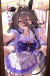  1girl absurdres ahoge black_hair breasts ceiling_light closed_eyes ear_ornament ear_tag earrings extra_arms extra_eyes frilled_skirt frills hair_between_eyes highres jewelry long_bangs long_hair long_hair_between_eyes looking_at_viewer manhattan_cafe_(umamusume) medium_breasts multicolored_hair one_eye_closed parted_lips pink_shirt puffy_short_sleeves puffy_sleeves purple_trim sailor_collar school_uniform shirt short_sleeves single_earring skirt smile smoke_klll solo speech_bubble tracen_school_uniform translation_request two-tone_shirt umamusume variant_set very_long_hair white_hair white_sailor_collar white_shirt white_skirt 