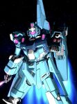  aiming arm_mounted_weapon aron_e assault_visor commentary_request energy_sword exhaust feet_out_of_frame gundam gundam_unicorn highres holding holding_sword holding_weapon mecha mecha_focus mobile_suit no_humans outstretched_arm purple_visor rezel robot science_fiction solo space star_(sky) sword weapon 