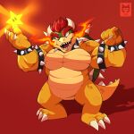 3_toes 4_fingers anthro armband artist_logo bowser bracelet breath_powers citsy_404 digital_media_(artwork) elemental_manipulation eyebrows feet fingers fire fire_breathing fire_manipulation fist hair hi_res horn jewelry koopa logo male mario_bros muscular muscular_anthro muscular_arms muscular_male nintendo nude open_mouth pecs power_star raised_arms red_background red_eyebrows red_hair scales scalie shadow sharp_teeth shell simple_background solo spiked_armband spiked_bracelet spiked_shell spiked_tail spikes spikes_(anatomy) tail teeth toes ventral_scales yellow_body yellow_glow yellow_scales