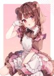  1girl animal_ears apron bear_ears blush bow braid brown_dress brown_hair dress fingerless_gloves gloves hair_ornament heripiro highres long_hair looking_at_viewer open_mouth original pink_dress red_eyes short_sleeves sitting smile solo twin_braids wariza white_apron white_gloves 