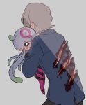  1boy 1girl bleeding blood blue_shirt claw_mark commentary_request digimon digimon_(creature) digimon_ghost_game grey_background grey_hair harb1106 higashimitarai_kiyoshiro highres hug injury jellymon monster_girl shirt short_hair simple_background 