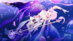  1girl bad_link bare_legs bare_shoulders barefoot character_name copyright_name detached_sleeves elysia_(herrscher_of_human:_ego)_(honkai_impact) elysia_(honkai_impact) gloves hair_ornament highres holding holding_staff honkai_(series) honkai_impact_3rd looking_at_viewer multicolored_hair official_art official_wallpaper parted_lips pink_hair pink_pupils solo staff streaked_hair symbol-shaped_pupils two-tone_hair white_gloves white_hair 