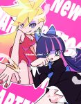  2girls angel back_bow black_dress blonde_hair blue_bow blue_eyes blue_nails blue_ribbon bow breasts cleavage colored_inner_hair dress earrings feathers gothic_lolita hair_bow halo highres jewelry lolita_fashion long_hair multicolored_hair multiple_girls necklace panty_&amp;_stocking_with_garterbelt panty_(psg) pink_background pink_streaks purple_hair quiet_chui red_dress red_nails ribbon seiza siblings sisters sitting stocking_(psg) tongue tongue_out twitter_username white_feathers 