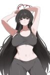 1girl absurdres antenna_hair armpits arms_up black_hair black_pants black_sports_bra blood blood_halo blue_archive breasts closed_mouth halo highres large_breasts liquid_halo long_hair looking_at_viewer navel pants red_eyes simple_background solo sports_bra tsurugi_(blue_archive) very_long_hair white_background yoga_pants yumyeongsaje 