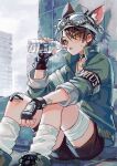  1boy absurdres animal_ear_fluff animal_ears bandaged_leg bandages black_choker black_gloves black_shorts blush boots bottle brown_hair cat_boy cat_ears cat_tail choker collarbone commentary_request feet_out_of_frame fingerless_gloves gloves green_boots green_eyes green_jacket highres holding holding_bottle jacket knees_up lace-up_boots long_sleeves looking_at_viewer male_focus open_clothes open_jacket open_mouth original outdoors short_hair shorts sitting socks solo suzaku_(zaku6584) tail twitter_username water_bottle white_socks 