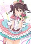  1girl black_hair blush bouquet brown_eyes character_name dated dress english_text flower grin happy_birthday hat highres holding holding_bouquet looking_at_viewer love_live! love_live!_school_idol_project multicolored_dress one_eye_closed pink_flower puffy_short_sleeves puffy_sleeves sen_(sen0910) short_sleeves smile solo twintails yazawa_nico 