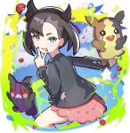  1girl :d asymmetrical_bangs black_hair black_jacket black_nails blue_sky chaki_illustrator cloud green_eyes hair_ribbon highres jacket looking_at_viewer marnie_(pokemon) morpeko morpeko_(full) morpeko_(hangry) pink_hair poke_ball poke_ball_(basic) pokemon pokemon_(creature) pokemon_swsh ribbon sky smile star_(symbol) twintails undercut v v_over_mouth 