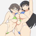  2girls :o arato_nagi arched_back arm_at_side armpit_crease armpits arms_behind_head arms_up bikini black_hair blue_bikini blue_eyes blue_hair breast_on_breast breast_rest breasts brown_hair cleavage covered_clitoris covered_nipples cowboy_shot dot_nose earrings glasses green_bikini hair_behind_ear hair_between_eyes height_difference highleg highleg_bikini highres imari_youko jewelry large_breasts leaning_on_person long_hair looking_at_viewer medium_breasts multiple_girls navel no_nose onsen_tamago_(hs_egg) parted_lips raised_eyebrows ruri_no_houseki semi-rimless_eyewear short_hair sideways_glance simple_background small_sweatdrop string_bikini stud_earrings sweatdrop swimsuit under-rim_eyewear underboob yellow_eyes 