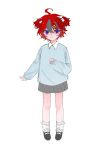  1girl aged_down ahoge alternate_costume black_shoes blue_eyes blue_shirt chinese_commentary collared_shirt colored_sclera commentary_request fang full_body genderswap genderswap_(mtf) grey_skirt hair_bobbles hair_ornament highres long_sleeves mary_janes miniskirt open_mouth peekaboozka pleated_skirt red_sclera shirt shoes short_hair simple_background sketch skirt smile socks solo sumino_takumi the_hundred_line_-last_defense_academy- two_side_up white_background white_socks 