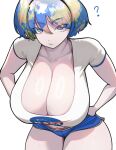  1girl ? blue_eyes blue_hair blue_shorts blue_trim breast_freckles breasts cleavage closed_mouth collarbone cowboy_shot dolphin_shorts dot_nose earth-chan english_commentary eyelashes from_above hair_between_eyes hand_on_own_hip highres huge_breasts logo long_bangs looking_at_viewer looking_up marinerx medium_hair micro_shorts midriff_peek multicolored_hair nasa_logo navel original shirt short_sleeves shorts solo thigh_freckles white_background white_shirt white_trim 