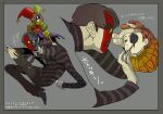  4boys androgynous applying_makeup arlecchino_(vlad_grimms) asymmetrical_mask asymmetrical_sleeves bakushi_(smys2017) black_eyes black_hair black_leggings black_nails black_pants black_ribbon black_shirt black_shoes blue_mask blunt_bangs blunt_ends bob_cut border bow bowl_cut brown_hair buttoned_cuffs buttons colored_sclera colored_skin comedy_and_tragedy_masks commentary_request contortion dress_shoes eighth_note extra_arms extra_eyes familiar fingernails flexible frown full_body green_hat green_sleeves grey_background grey_border grey_shirt hand_on_own_knee harlequin hat horizontal-striped_sleeves jester jester_cap jester_costume leggings legs_apart long_neck long_shirt long_sleeves looking_at_another makeup male_focus medium_hair mismatched_sleeves monster_boy multiple_boys musical_note neck_ribbon neck_ruff nose nostrils one_eye_closed pale_skin pants parted_bangs puff_and_slash_shorts puff_and_slash_sleeves puffy_long_sleeves puffy_sleeves pulcinella_(vlad_grimms) purple_shirt red_hat red_mask red_sclera red_sleeves ribbon shirt shoes simple_background striped_clothes striped_shirt striped_sleeves tied_sleeves translation_request two-tone_hat vampire vlad_grimms white_skin white_sleeve_cuffs wing_collar yellow_bow yellow_collar yellow_eyes yellow_sleeve_cuffs 