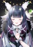  1girl :d absurdres black_background black_hair blunt_bangs bow closed_eyes coat columbina_(genshin_impact) commentary_request eye_mask facing_viewer fatui_coat fur-trimmed_coat fur_trim genshin_impact hair_ornament hand_on_own_chest hand_up highres lens_flare long_hair mayu_(sh-n-9) multicolored_hair open_mouth purple_hair smile solo streaked_hair upper_body white_bow white_mask wing_hair_ornament 