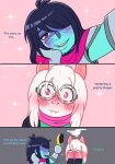 2_horns ambiguous_gender anthro armor artist_name blue_body blue_hair blue_skin blush blush_lines bovid caprine comic deltarune dialogue duo english_text eye_contact eyewear flirting flustered fur glasses goat green_eyewear green_glasses hair hand_on_face hi_res hiding_face horn hose human kris_(deltarune) looking_at_another mammal mitsu_mango open_mouth open_smile pink_eyes pink_horn pink_scarf ralsei red_eyes scarf simple_background smile sparkles text undertale_(series) video_games wet wet_body wet_fur white_body white_fur 