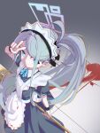  1girl absurdres apron aqua_eyes aqua_halo aris_(blue_archive) aris_(maid)_(blue_archive) arm_up back_bow black_dress black_wrist_cuffs blood blood_on_clothes blood_on_ground blue_archive blue_ribbon bow bright_pupils caffeinesonsari chromatic_aberration closed_mouth collared_dress commentary_request contrast_collar dress english_commentary eyes_visible_through_hair floating_hair frilled_apron frills from_above gradient_halo grey_hair hair_tie halo highres holding holding_mop korean_commentary long_hair long_sidelocks looking_to_the_side maid maid_apron maid_headdress mixed-language_commentary mop multicolored_halo neck_ribbon official_alternate_costume parted_bangs pink_halo ponytail puffy_short_sleeves puffy_sleeves rectangular_halo ribbon ringed_eyes short_sleeves sidelocks smile solo tile_floor tiles v v_over_head very_long_hair white_apron white_bow white_headdress white_pupils wrist_cuffs 