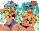  1girl bikini black_bikini blush bracelet brazilian_miku breasts can earrings eyewear_on_head female_pubic_hair flower front-tie_bikini_top front-tie_top green_eyes green_hair green_nails hair_flower hair_ornament hatsune_miku highres holding holding_can jewelry large_breasts long_hair looking_at_viewer micro_shorts multiple_views nail_polish navel open_mouth paid_reward_available pubic_hair qiandaiyiyu shirt short_sleeves shorts side-tie_bikini_bottom simple_background smile stomach sunglasses sweat swimsuit tan tanlines tongue tongue_out twintails vocaloid white_background yellow_nails yellow_shirt 