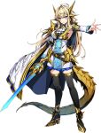  1girl ahoge armpits artist_request blonde_hair blue_eyes blue_skirt breasts closed_mouth dragon_girl dragon_tail dress duel_masters duel_masters_play&#039;s gold_shoes gold_trim hair_ornament holding holding_sword holding_weapon large_breasts long_hair multicolored_dress official_art outstretched_arm see-through_cleavage see-through_clothes shoes shoulder_pads skirt solo spell_del_fin_(duel_masters) sword tail thighs transparent_background very_long_hair weapon white_dress 