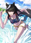  1girl alternate_costume animal_ears beach black_hair black_sports_bra blue_sky blush breasts calstone_light_o_(umamusume) cleavage cloud cloudy_sky collarbone commentary_request day hair_between_eyes highres horse_ears horse_girl horse_tail kamikumo_(km_kamikumo) long_hair medium_breasts multicolored_hair navel ocean open_mouth outdoors running sand sandals shorts sidelocks sky solo sports_bra stomach streaked_hair tail umamusume very_long_hair water white_hair white_shorts yellow_eyes 