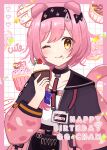  1girl ;q animal_ears arknights black_bow black_choker black_hairband black_jacket blue_bow blush bow braid cat_ears cat_girl choker donut english_text food food_on_face goldenglow_(arknights) grid_background hair_bow hair_ornament hairband hairclip hand_up happy_birthday heart highres holding holding_food id_card jacket lanyard lightning_bolt_print long_hair long_sleeves looking_at_viewer mayuchi427 muffin multicolored_jacket one_eye_closed open_clothes open_jacket pink_background pink_hair pink_jacket shirt side_braid solo tongue tongue_out two-tone_jacket upper_body white_background white_shirt yellow_eyes 