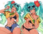  1girl bikini black_bikini blush bracelet brazilian_miku breasts can earrings eyewear_on_head female_pubic_hair flower front-tie_bikini_top front-tie_top green_eyes green_hair green_nails hair_flower hair_ornament hatsune_miku highres holding holding_can jewelry large_breasts long_hair looking_at_viewer micro_shorts multiple_views nail_polish navel open_mouth paid_reward_available pubic_hair qiandaiyiyu shirt short_sleeves shorts side-tie_bikini_bottom simple_background smile stomach sunglasses sweat swimsuit tan tanlines tongue tongue_out twintails vocaloid white_background yellow_nails yellow_shirt 