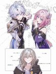  1boy 2girls ahoge armor black_gloves blue_eyes coat collarbone commentary_request cyrene_(honkai:_star_rail) dress gloves grey_hair hair_ornament honkai:_star_rail honkai_(series) multiple_girls pauldrons phainon_(honkai:_star_rail) pink_hair purple_coat shirt shoulder_armor single_pauldron stelle_(honkai:_star_rail) thumbs_up trailblazer_(honkai:_star_rail) translation_request white_coat white_dress white_hair white_shirt yellow_eyes zzz0du 