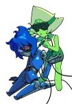  2girls alien blonde_hair blue_hair blue_skin colored_skin crop_top discount-supervillain fish forehead_jewel full_body gem green_skin highres humanoid_robot lapis_lazuli_(steven_universe) mechanic mechanization multiple_girls peridot_(steven_universe) robot robot_girl short_hair shorts steven_universe 