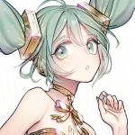  1girl ahoge armpit_crease bare_shoulders blush collarbone gramophone_miku green_eyes green_hair hair_between_eyes hair_ornament hatsune_miku lantam long_hair lowres miku_symphony_(vocaloid) number_tattoo official_alternate_costume official_alternate_hairstyle open_mouth simple_background solo tattoo twintails vocaloid white_background 