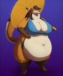 2025 anthro belly big_belly big_breasts bikini blue_eyes breasts brown_body brown_fur brown_hair canid canine chubby_cheeks claws clothing digitigrade double_chin fat_arms female fox fox_tail full-length_portrait fur hair hanging_belly hi_res huge_belly mammal melia_(whitedragoncito) navel obese obese_female orange_body orange_fur overweight overweight_female portrait signature solo swimwear thick_thighs two-piece_swimsuit umbrella white-dragon white_body white_fur wide_hips